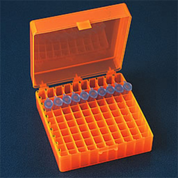 100 Position Microcentrifuge Tube Freezer Rack hinged lid Orange